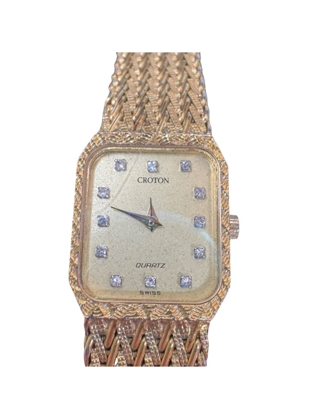 Vintage Croton Swiss Quartz Womens Gold Tone Watch Rhinestones & Woven Band READ